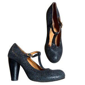 Chie Mihara T-Bar heels size 39 US 9 black gray cracked texture cone heel strap